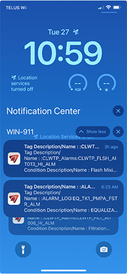 Notification policies create and configure alarms in WIN-911. They can be based on a simple call out list, or highly sophisticated to dynamically respond to changes in actual conditions. Alarm messages sent via push notification to smartphones shown.